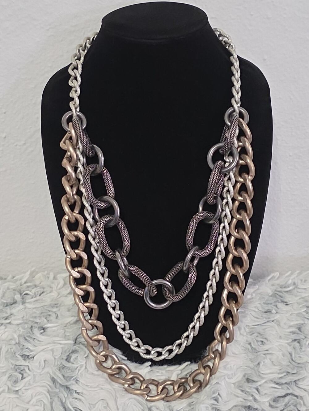 Chunky Large Long Statement Necklace Mixed Metals Layered Chains Textured Heavy